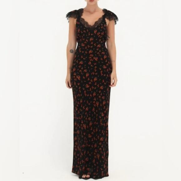 NEW Rumored Frontier Spanish Poppy Black Red Floral Lace Maxi Dress Small - Picture 2 of 15